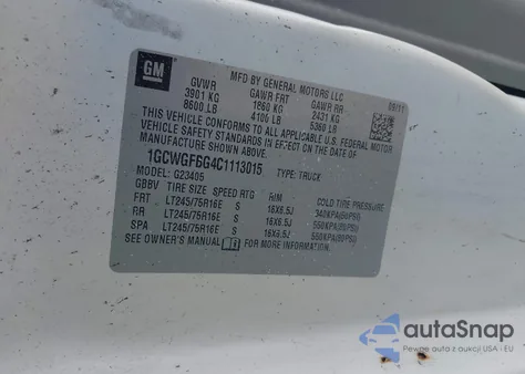 2012 Chevrolet Express 2500 Work Van z USA, uszkodzony, nr VIN 1GCWGFBG4C1113015